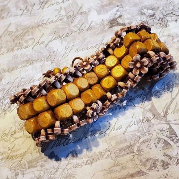 90s Y2K Vintage Brown Wood Mauve Purple Acrylic Flower Beads Adjustable Bracelet - Picture 4 of 10